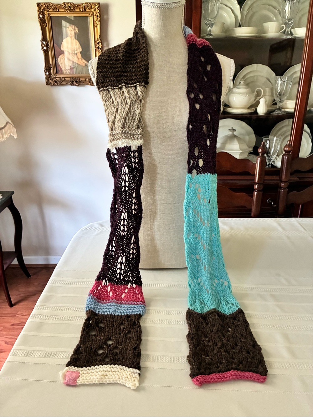 “Through Thick and Thin” artisan knit lace openwork sampler scarf in 100% wool